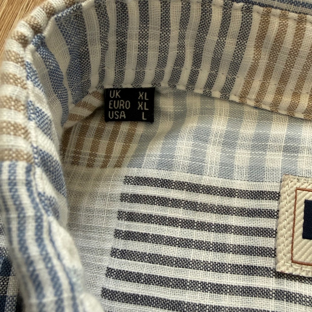 Barbour Oakshore Summer Shirt Mens L Sky Blue Tan Patchwork Plaid 100% Cotton - Picture 6 of 10